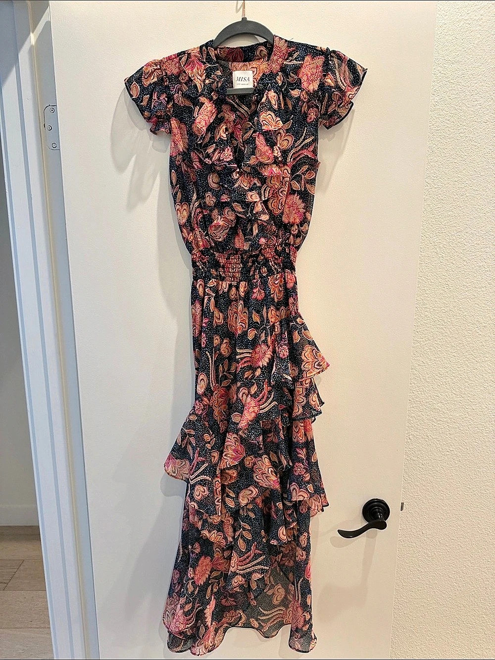 MISA Floral Ruffle Maxi Dress in Black & Pink Like New